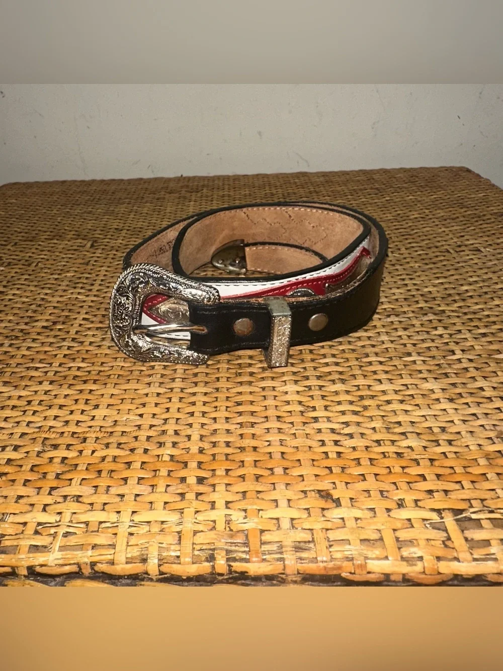 Vintage Nocona Western Leather Belt Red Black Metal Inlay Cowgirl Rodeo Small